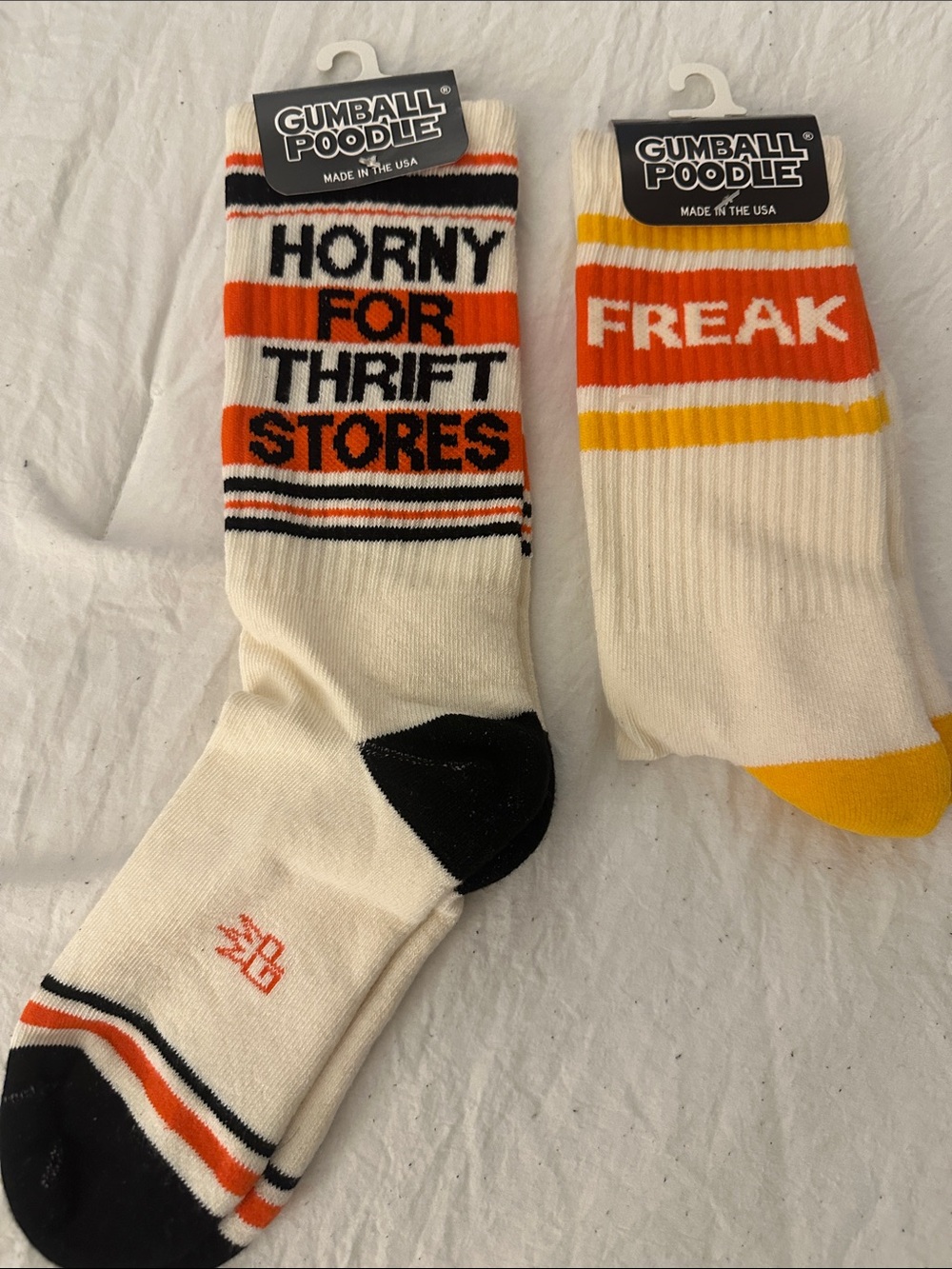 Cream & Orange Graphic Crew Socks - 'Horny for Thrift Stores' and ‘Freak’.